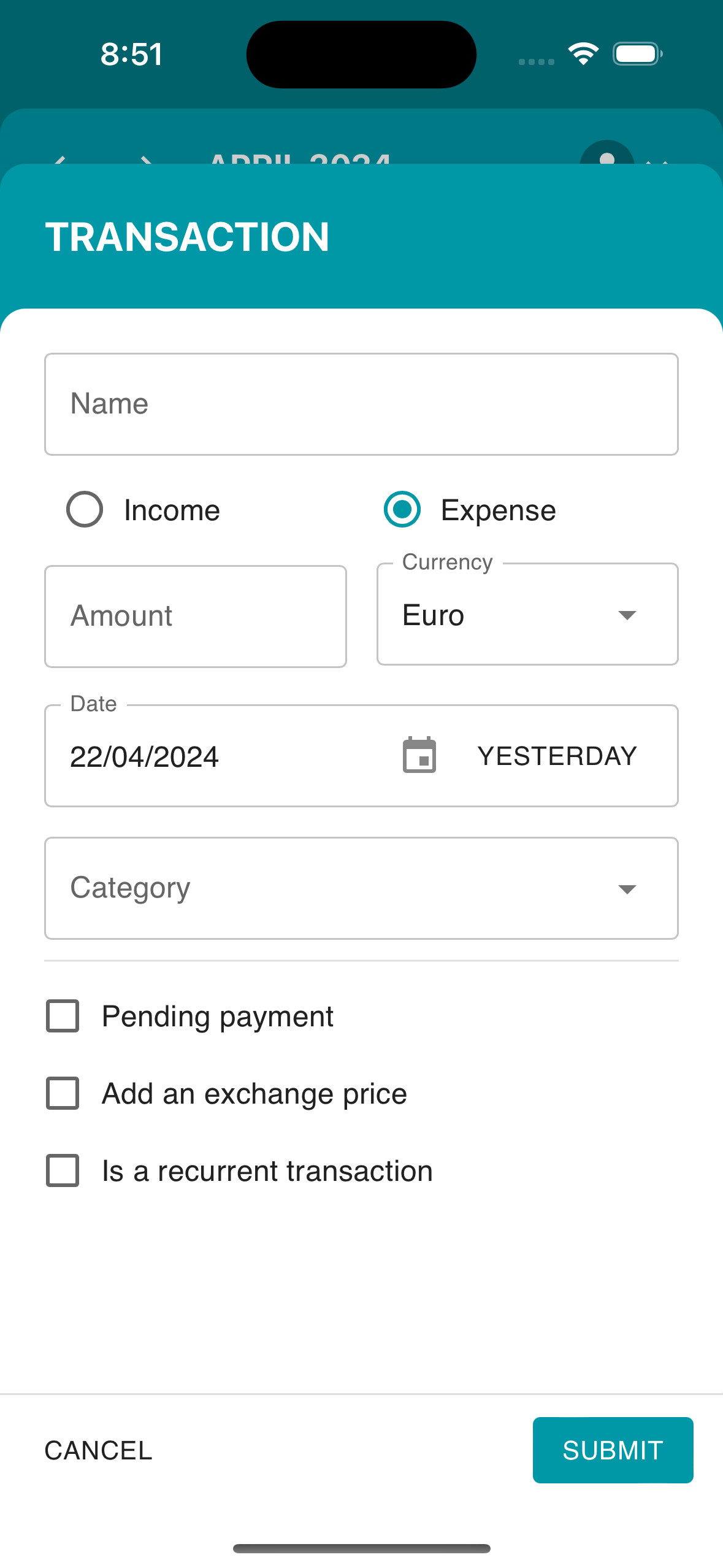 Add transaction form on iPhone